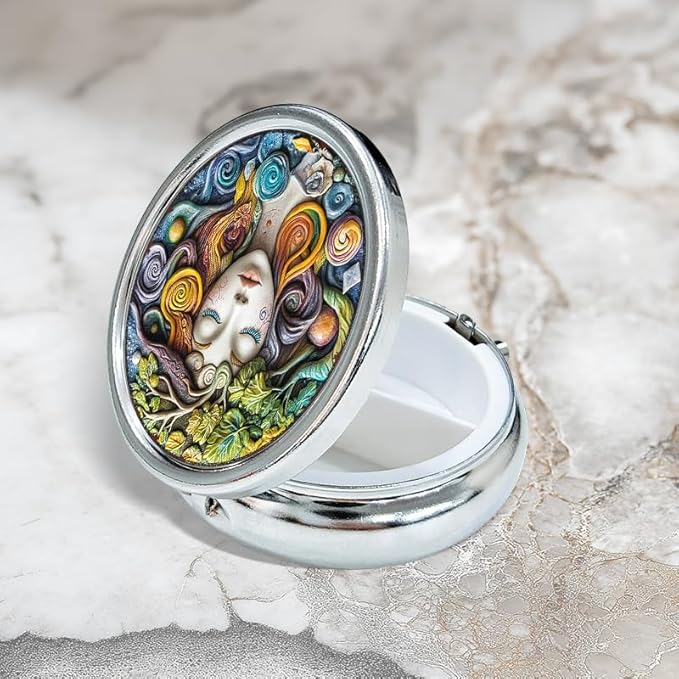 Portable Round 3 Compartment Metal Pill Box Faux Resin Painting Print Decor for Kitchen Office Coffee Cafe Home Organization and Travel Use