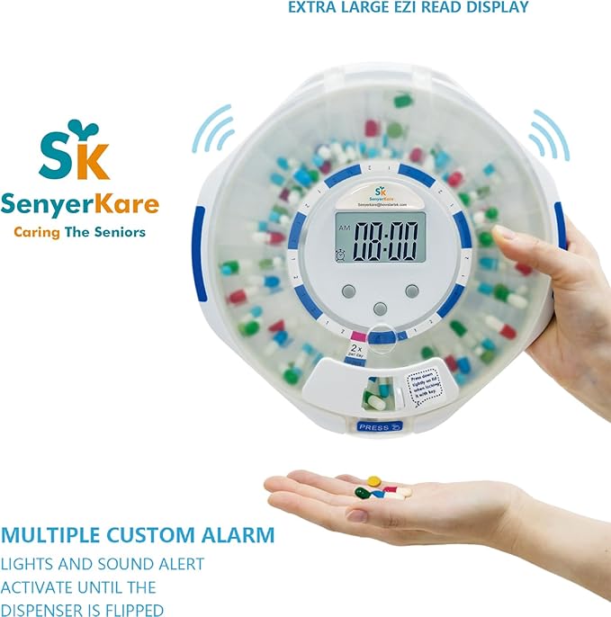 28-Day Automatic Pill Dispenser with Alarm for Elderly, Sound & Light Alerts, Easy-Read Display, 6 Dosage Templates, Locked Frosted Lid Medication Dispenser for Protecting Pills Privacy