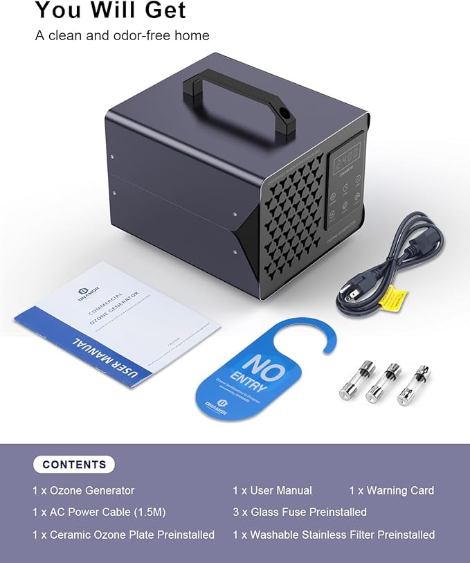 ONAMOR Digital Ozone Generator Odor Eliminator 180,000mg, High Capacity Ozone Machine Odor Removal Up to 8,000 Sq.Ft, Ozone Odor Eliminator, Ionizer Ozonator for Home, Car, Smoke, Pet Room (Grey)