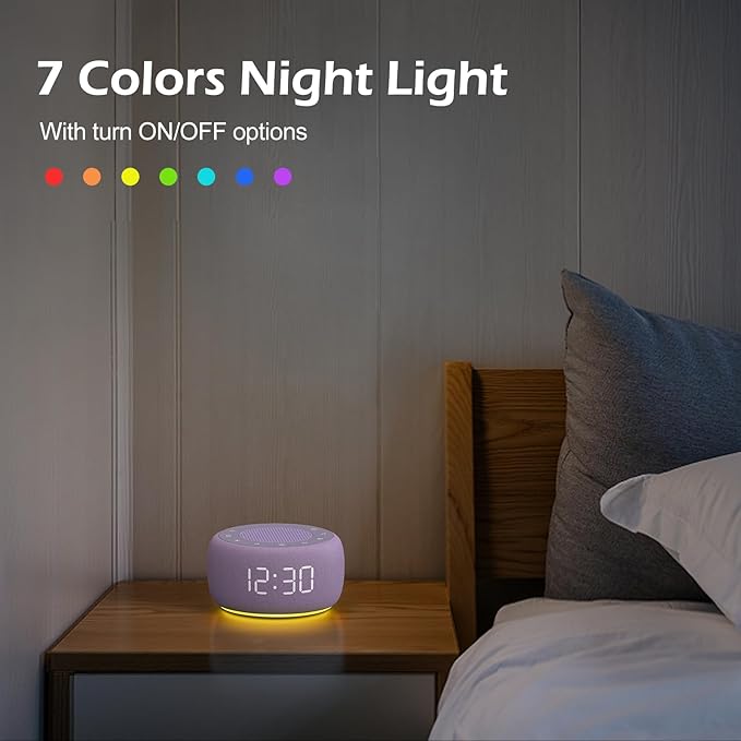 Buffbee Sound Machine & Alarm Clock 2-in-1, 0-100% Clock Face Brightness, Bottom Colored Light, Sleep Timer, Precise 30-Level Volume White Noise Machine, Digital Alarm Clocks for Bedrooms - Purple