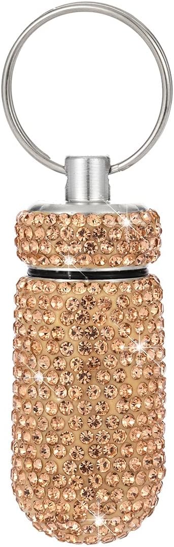 1PCS Bling Crystal Rhinestone Portable Pill Case Pill Container Waterproof Pill Holder with Keychain Glitter Travel Pill Box Small Medicine Dispenser Bottle Storage for Outdoor Camping Travel,J
