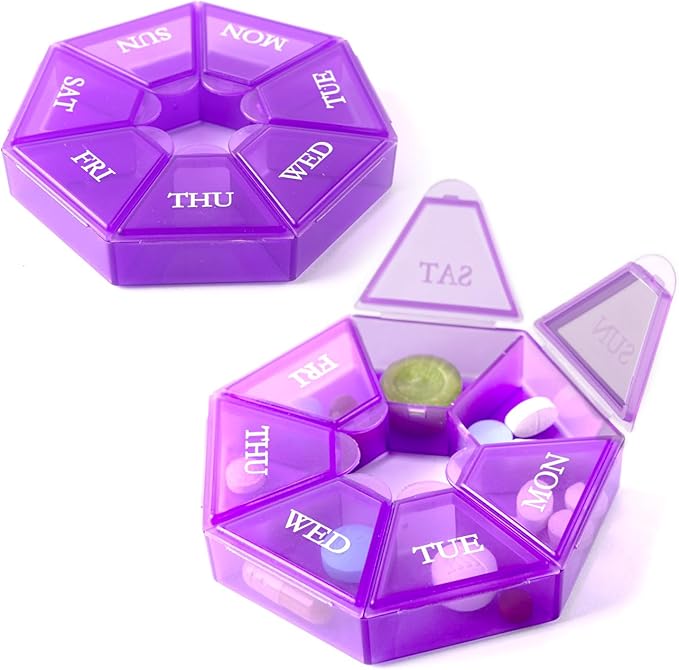 Deke Home - Small Weekly Pill Organizer (2 Pack), Round Pill Dispenser for Travel, Mini Pill Organizer, Compact Medicine Holder, Pill Sorters 7 Days, Portable Vitamin Container, BPA Free (Food Grade)
