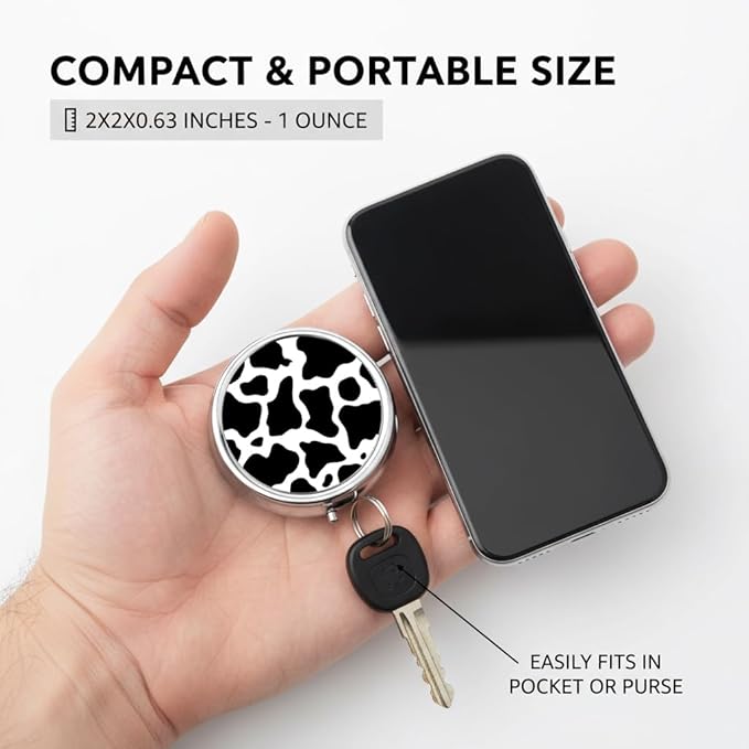 Cow Pill Box 3 Compartment Small Pill Case,Portable for Pocket or Purse Pill Organizer Pill Container Holder with Mirror to Hold Vitamins, Medication, Fish Oil and Supplements