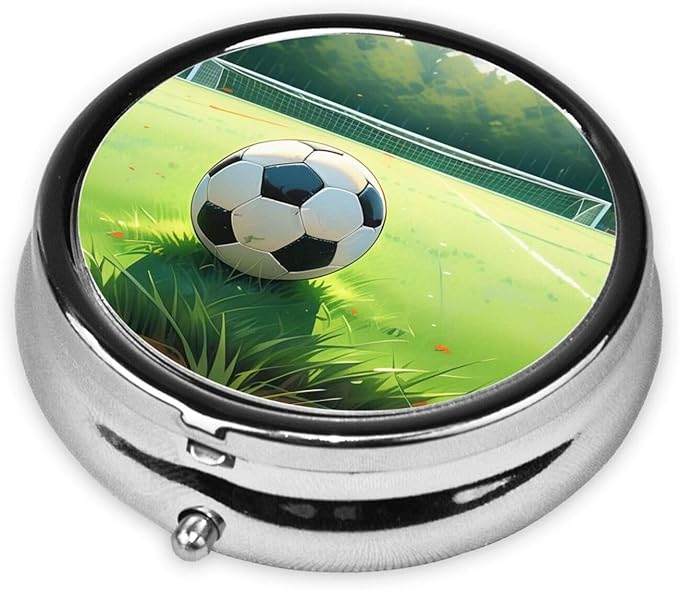 ZhongGuo Green Grass Soccer Printed Pill Organizer,Round Travel Pill Organizer Mini Medicine Pill Box for Purse Iron Plating