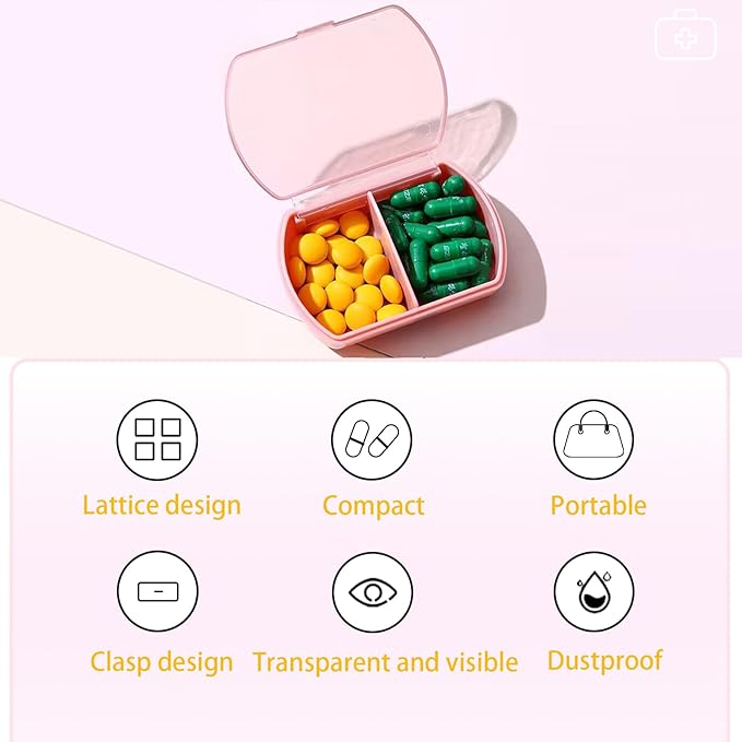 6PCS Small Pill Case Travel Pill Box Cute Pill Organizer for Purse Portable Daily Medicine Organizer 2 Compartment Pill Holder for Vitamins, Fish Oil, Supplements