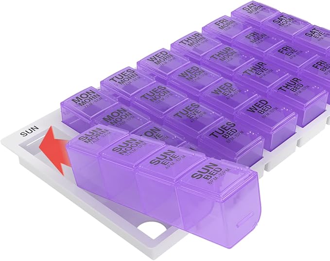 EZY DOSE Weekly (7-Day) Pill Case, Medicine Planner, Vitamin Organizer, Large Pop-Out Compartments, 4 Times a Day, Convenient and Easy to Use, Color May Vary, BPA Free