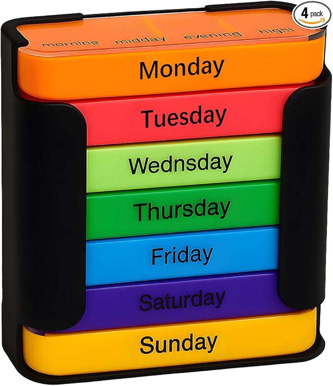 Stackable Daily Pill Organizer, Weekly Pill Organizer, 4 Times a Day, Weekly AM/PM Pill Box with 7 Individual Stacking Cases, a Everyday Medicine Organizer for Vitamins (Black)