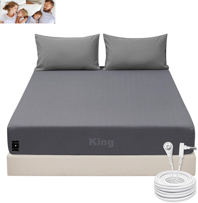 Grounding Sheets King Size Grounding Fitted Sheet Deep Pocket 90% Cotton 10% Silver Fiber Grounded Sheets Earth Connected Bed Sheet (76"*80"*14",Grey) (King)