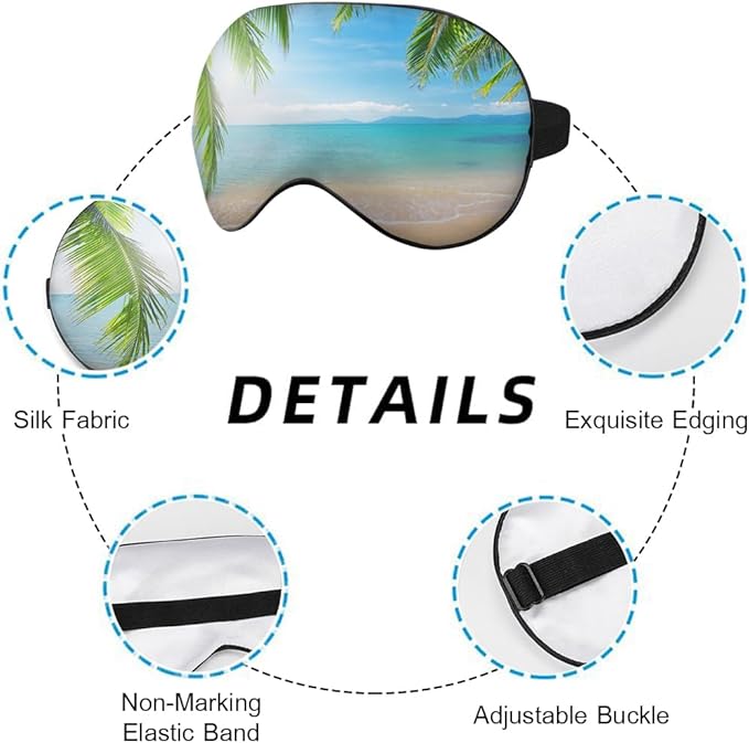 Tropical Beach Sleep Mask Eye Mask Palm Sand Sea Blue Sky Summer Sleep Mask Light Blocking Adjustable Smooth Soft Eye Masks for Women Deep Rest Travel