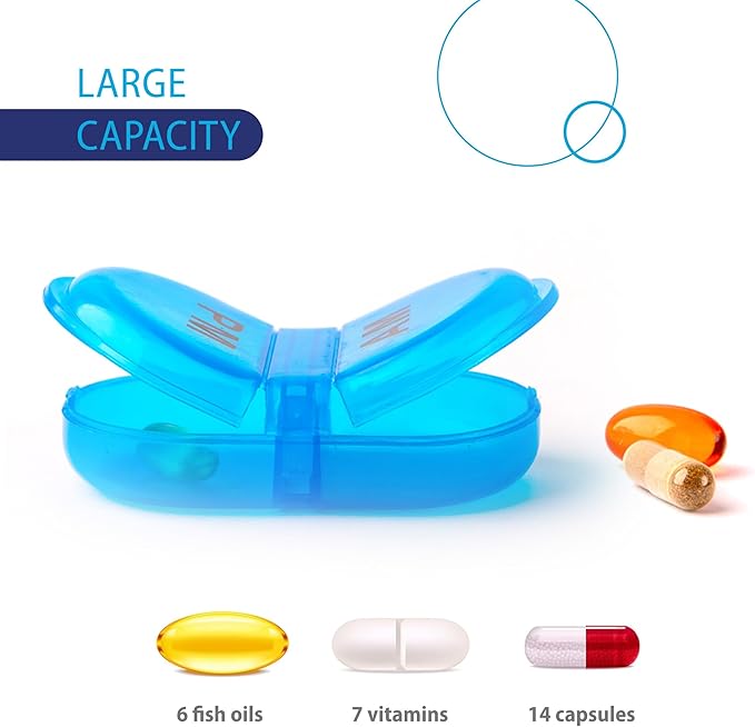 Deke Home - Pill Organizer AM PM, 2 Compartment Pill Box for Pocket or Purse, Small Daily Medicine Case, Travel Pill Holder, Easy Open Pill Container for Seniors, Vitamins & Supplements (Blue)