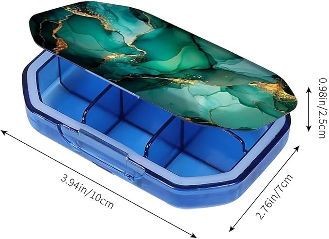 This Portable Teal Gold Marble Pattern 6-Compartment Pillbox Can Be Placed in A Pocket Or Wallet to Store Vitamins, Medicines Fish Oil Health Supplements Other Medications.
