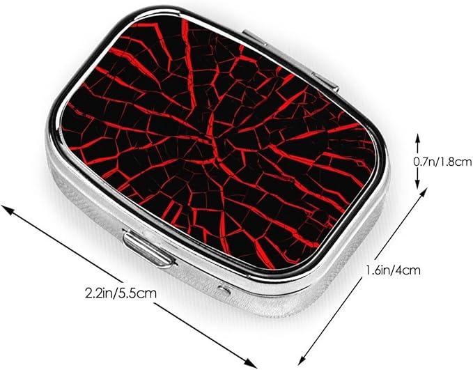 Cracks Red Black Print Square Metal Pill Box with 2 Compartment for Pocket or Purse Travel Bag Small Size 2.2 inche