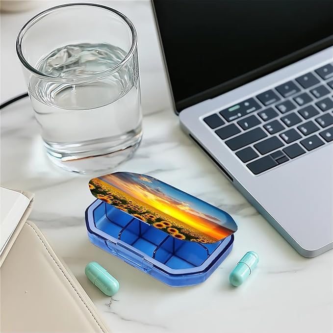 This Portable Sunflowers at Sunset Pattern 6-Compartment Pillbox Can Be Placed in A Pocket Or Wallet to Store Vitamins, Medicines Fish Oil Health Supplements Other Medications.
