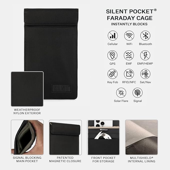 Silent Pocket SLNT Faraday Bag Smartphone Sleeve Weatherproof Nylon, Signal Blocking Device Shielding for iPhone, Galaxy, Most Phones - Privacy & Anti-Hacking (Black, Medium Plus)