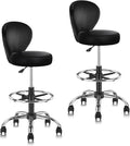 Leather Drafting Stool Chair Padded Seat 360° Swivel Rolling Stools Adjustable Height with Ergonomic Backrest and Footrest, Tall Office Chair for Standing Desk, Studio, Labs, Black, 2 Pack