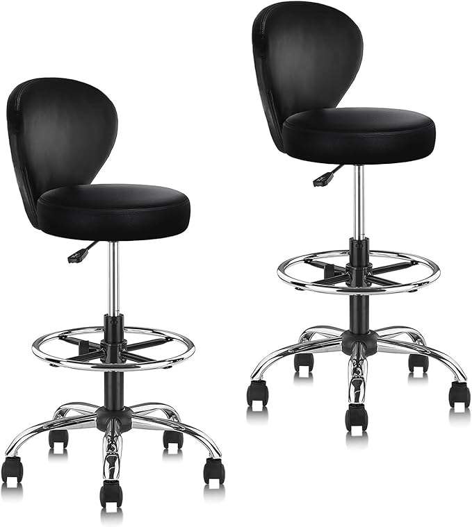 Leather Drafting Stool Chair Padded Seat 360° Swivel Rolling Stools Adjustable Height with Ergonomic Backrest and Footrest, Tall Office Chair for Standing Desk, Studio, Labs, Black, 2 Pack