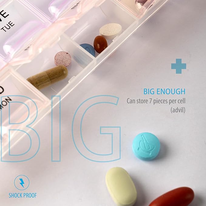 Deke Home - Pill Organizer 4 Times a Day, Weekly Medicine Box with Morning, Noon, Evening, Bed Compartments, Large, Translucent, Easy-to-Open Pill Case, 7-Day Travel Medication Organizer for Vitamins.