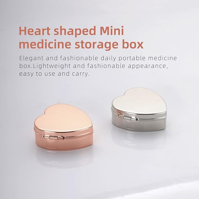 Heart-Shaped Mini Drug Storage Box (2 Pack), Elegant and Stylish Everyday Portable Pill Case (Silver & Rose Gold)
