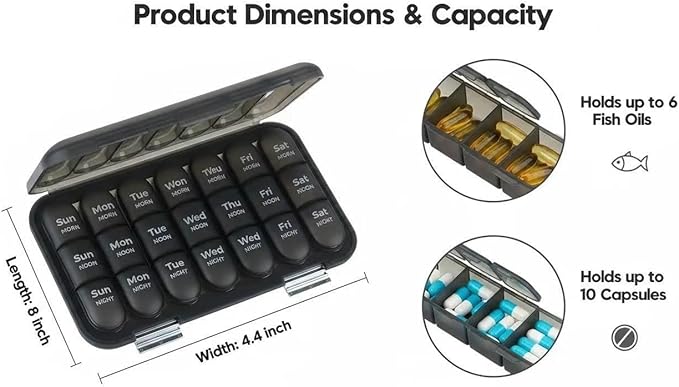Moisture-Proof Weekly Pill Organizer, 3 Times a Day Large Capacity 7-Day Travel Pill Box with Labels, Double Protection Daily Medicine Container for Vitamins/Supplements - Black