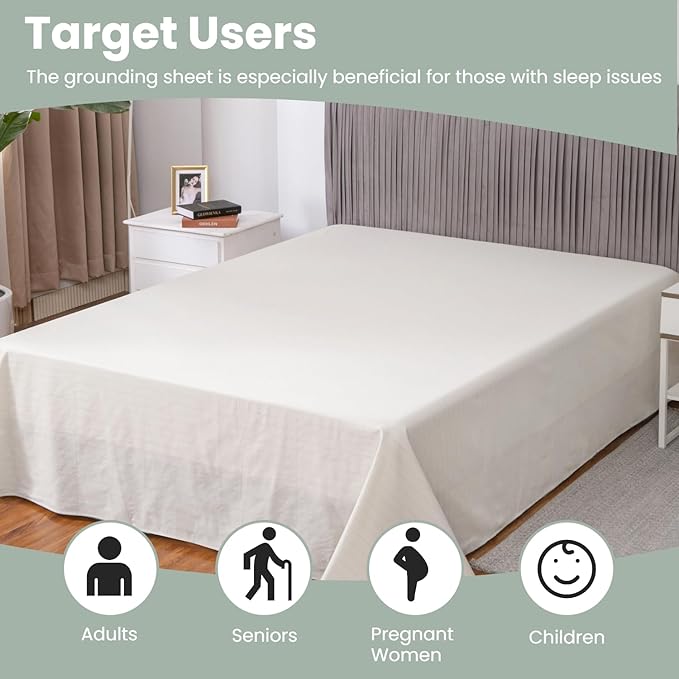 GLUYOHEY Grounding Flat Sheet Full Size (81"x96") Conductive Silver Fiber Earthing Bed Sheets with Grounded Cord Reconnect with Earth’s Energy for Better Sleep and Enhanced Wellness, Off White
