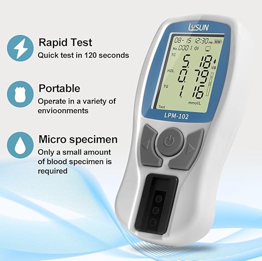 LYSUN Blood Lipid Analysis Meter System Multifunction Lipid kit Test HDL Triglycerides Cholesterol Test Meter (Lipid Meter with 10pcs of strips), white and dark blue