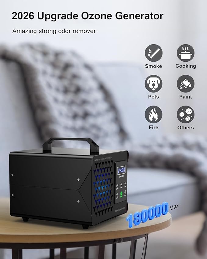 ONAMOR Digital Ozone Generator Odor Eliminator 180,000mg, High Capacity Ozone Machine Odor Removal Up to 8,000 Sq.Ft, Ozone Odor Eliminator, Ionizer Ozonator for Home, Car, Smoke, Pet Room (Black)