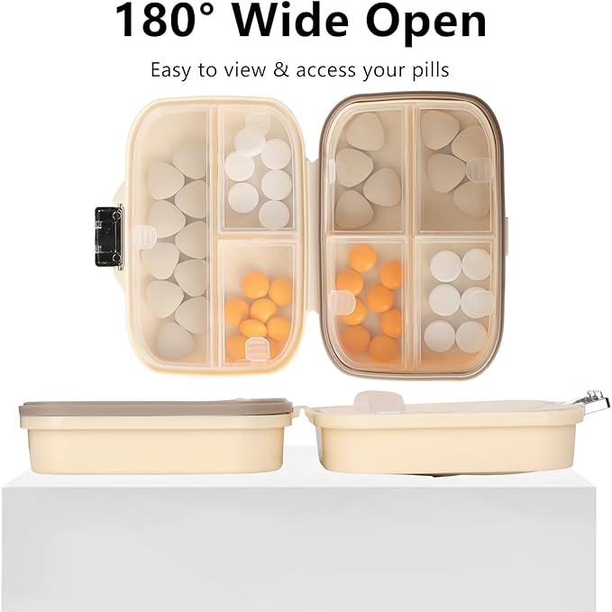 Weekly Pill Organizer, 7 Compartment Travel Pill Case with Rotatable Dose Recorder, Daily Waterproof Airtight Medicine Box for Vitamins & Supplements, Black Small, Cream White Large