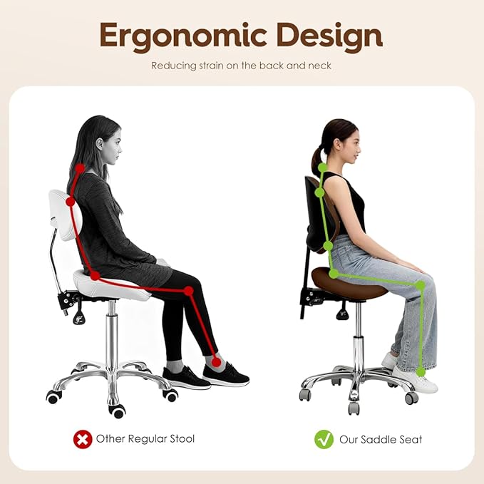 Saddle Stool Rolling Chair for Medical Massage Salon Kitchen Spa Drafting,Adjustable Hydraulic Stool with Wheels (Brown, with Backrest)