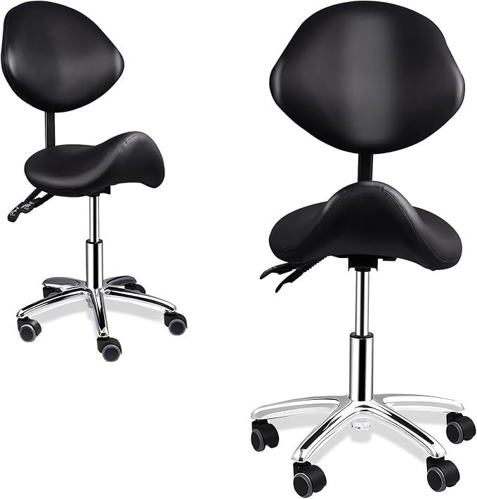 Upgrade Saddle Stool with Back Support, 400lbs Adjustable Salon with Wheels, Wide Thick Seat Padding, Ergonomic Esthetician Seat for Home Office Salon Shop Dentist Clinic, for People 5 Ft To6 Ft Tall