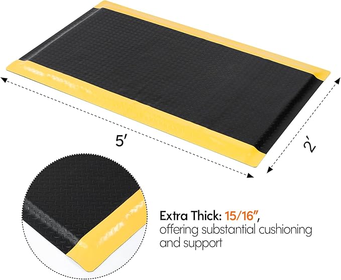 Anti Fatigue Mats Industrial 2' x 5' Standing Mat 15/16" Thick Cushioned Shop Floor Mats Heavy Duty Commercial Diamond Plate Ergonomic Standing Floor Mat Helps Relieve Back and Leg Soreness