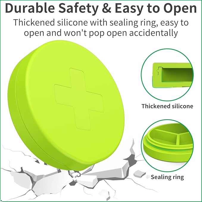 2 Pack Small Pill Box,Premium Thick Silicone 3 Compartment Travel Pill Box for Home/Desk Organizer, Portable Compact Medicine Holder for Vitamin, Cod Liver Oil, Supplement(Green+Teal)