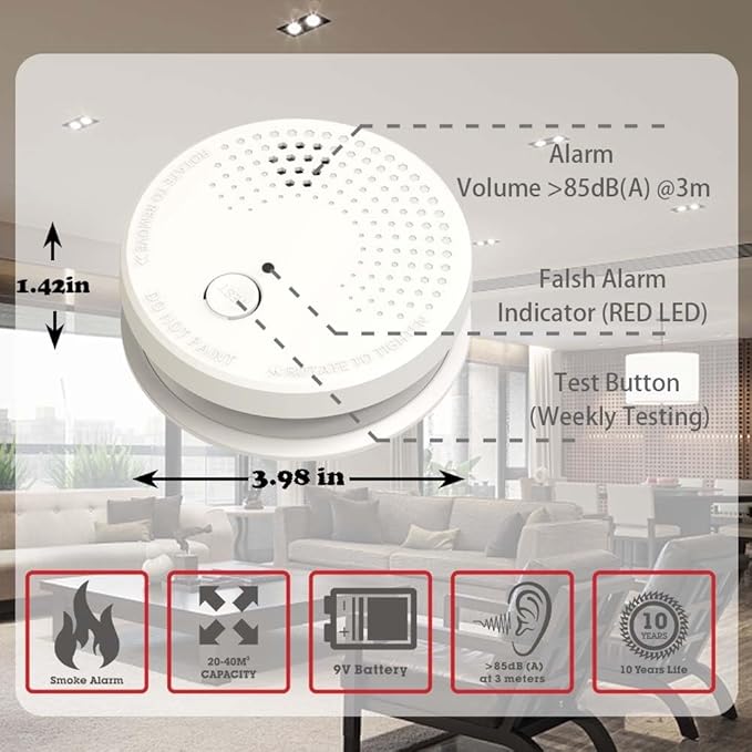 Smoke Detector 4 Pack Fire Alarms 9V Battery Operated Photoelectric Sensor Smoke Alarms Easy to Install with Light Sound Warning, Test Button,9V Battery Included Fire Safety for Home Hotel