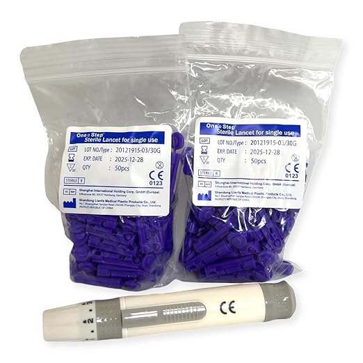One Step Lancing Device & 100 x 30 Gauge Twist Top Lancets, Blood Sampling Pen, 5 Depth Settings, Gluco Sugar Level Testing, Less Pain and Ejector