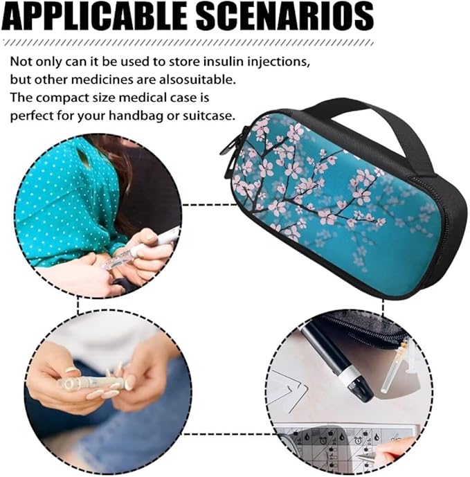 Cherry Blossom Insulin Cooler Travel Case, Diabetic Medicine Carrying Bag Large Capacity Insulated Organizer Medication Cooler Bag for Insulin Pens and Diabetes