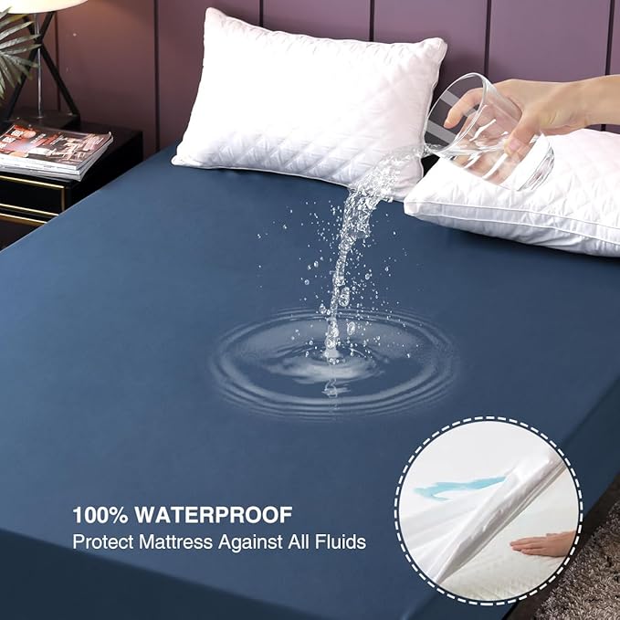 NTBED Waterproof Mattress Protector Cover Full Size Deep Pocket Polyester Bed Mattress Pad Cover Solid Color Fitted Sheet (54” x 75” (Navy Blue, Full)