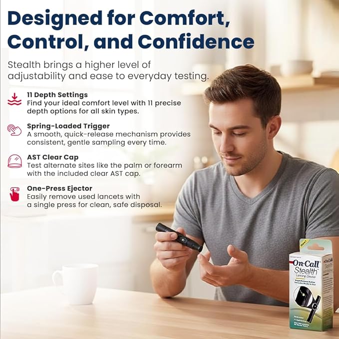 Stealth Adjustable Lancing Device for Blood Glucose Testing by On Call, 11 Depth Settings to Minimize Pain, Pen for Diabetes Monitoring