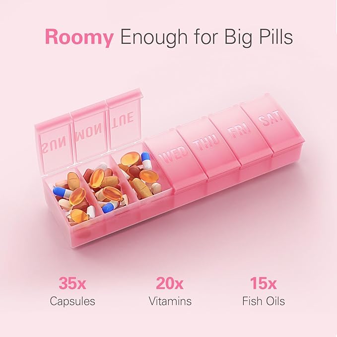 Barhon Large Weekly Pill Organizer, Big Vitamin Organizer Case for 7 Day, Travel Medicine Pill Box to Hold Various Supplements and Fish Oil, Beige