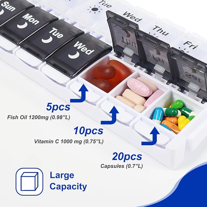 HRX Package Pill Organizer 2 Times a Day, Easy Fill & Open Weekly Medicine Box Vitamin Cases for 7 Day AM PM