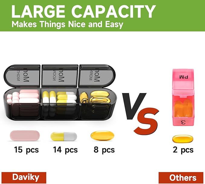 Daviky Pill Organizer 3X a Day, Weekly Pill Box 7 Day, Travel Pill Case with Large Containers, Light-Proof Pill Case for Vitamins, Medication, Supplements and Fish Oils (Black)