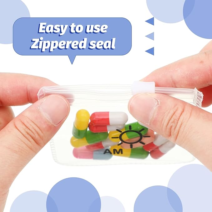 Colarr 14 Pcs AM PM Pill Pouches Bags Reusable Zippered Day and Night Pill Organizer with Slide Lock for Travel Medicine Case, 1 Large 14 Small(Clear, Blue)