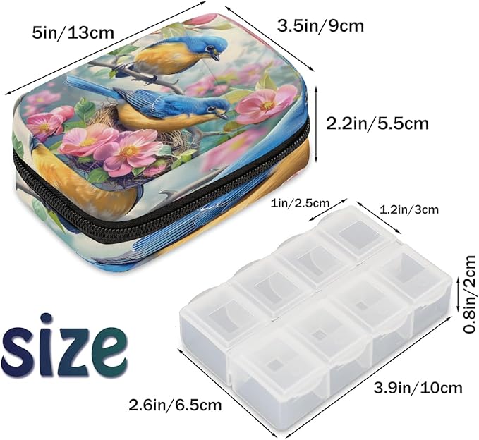 Animal Bird Pink Flower Travel Pill Organizer Box Weekly Portable Pill Case Daily Pills 7 Day Small Birth Control Pills Container Removable Compartments for Medicine Vitamins Fish Oil