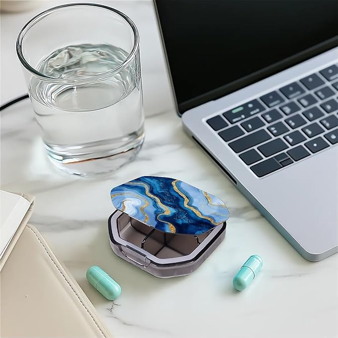 This Portable Watercolor Gold and Blue Marble Pattern 4-Compartment Pillbox Can Be Placed in A Pocket Or Wallet to Store Vitamins, Medicines Fish Oil Health Supplements Other Medications.