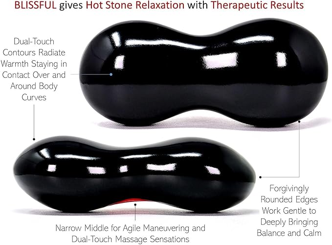 Blissful (Midnight Black)(Single) Synergy Stone - Contoured Hot Stone Massage Tool - Relaxing and Therapeutic for Neck, Back, Legs, Feet - Ultra-Smooth for Massage on Skin with Oil or Over Clothes