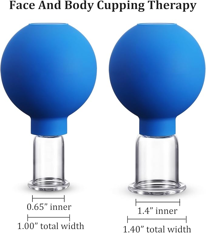 Nuanchu 2 Pieces Glass Cupping Set, Facial Cupping Cups Glass Silicone Cups Vacuum Suction for Face Skin Back Shoulder Muscle (1 Inch and 1.4 Inch Diameter,Blue)