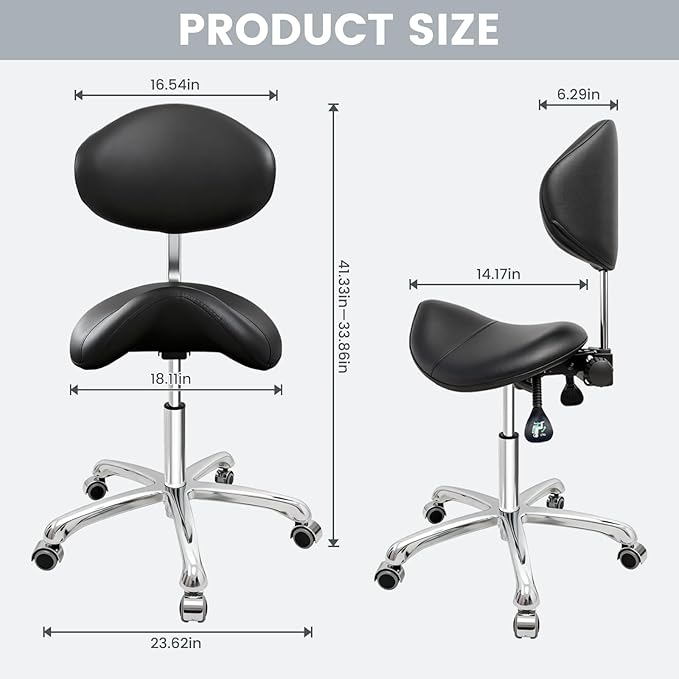 FreSup Saddle Stool, Ergonomic Saddle Chair with Back Support,Tattoo & Esthetician Chair with Wheels, Anti-Fatigue Design for Salon, Dental, Lab, Office and Home Kitchen (Black)