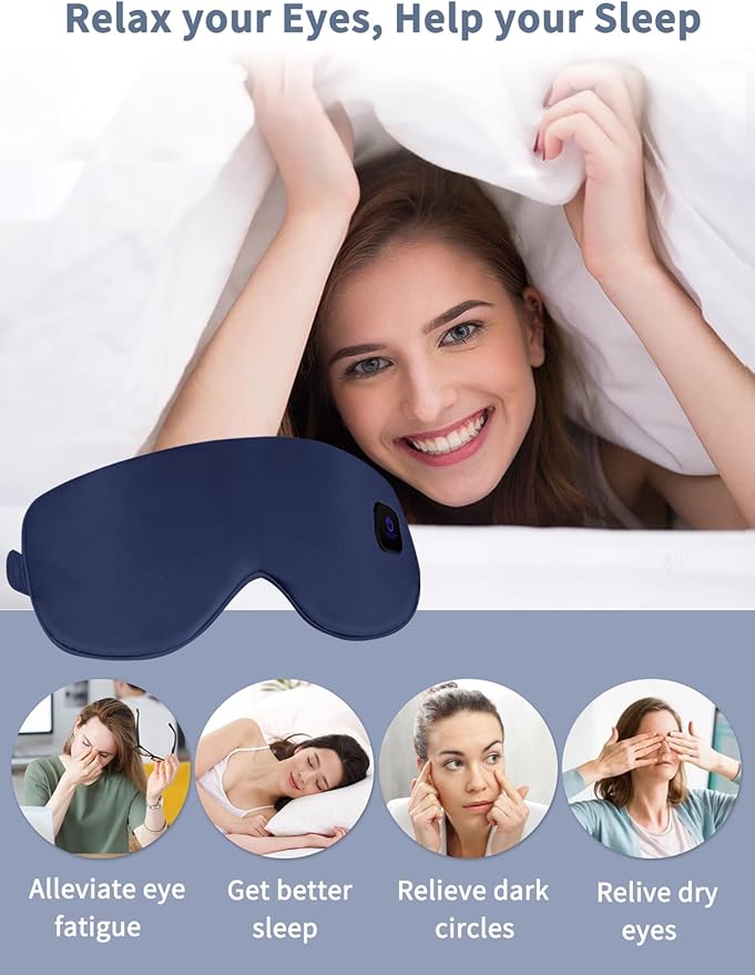 Upgraded 3 Temperature Modes Silk Heated Eye Mask Cordless,Rechargeable Warm Eye Heating Pad No Pressure for Dry Eyes, Sleep Eye Mask Christmas Gift for Men Women (Dark Blue)