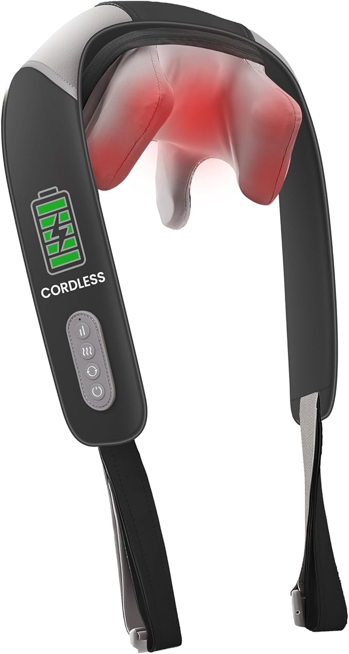 4D Shiatsu Neck Massager with Heat, Cordless Back and Neck Massager, 3 Speeds & 3 Heating Level, Lightweight Portable Shoulder Massager for Tech Neck & Commuters, Gifts for Men Women