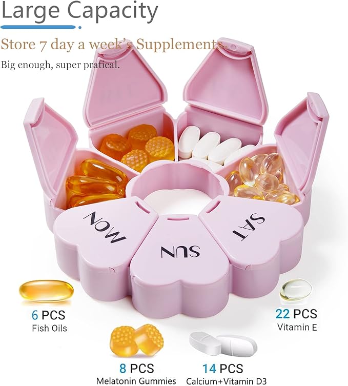 MOLN HYMY Cute Weekly Pill Box 7 Day, Heart Shaped Pill Case Organizer 1 time a Day, Purple Pink Pill Container Once Daily, Large Medicine Dispenser for Vitamin/Fish Oil/Medication/Supplements
