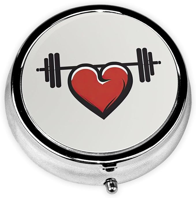 Metal Pill Organizer - 3-Compartment Mini Round Pill Case for Pocket & Purse, Portable Vitamin Holder, Easy-Open Design for Travel - Dumbbell Heart