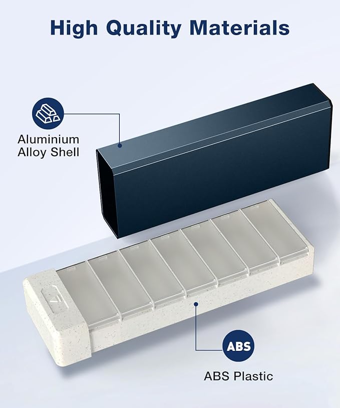 HEIYING Pill Organizer with Aluminum Shell for One Week Capacity, Portable 7 Compartments Pill Box Container to Hold Vitamin, Medicine, Supplements